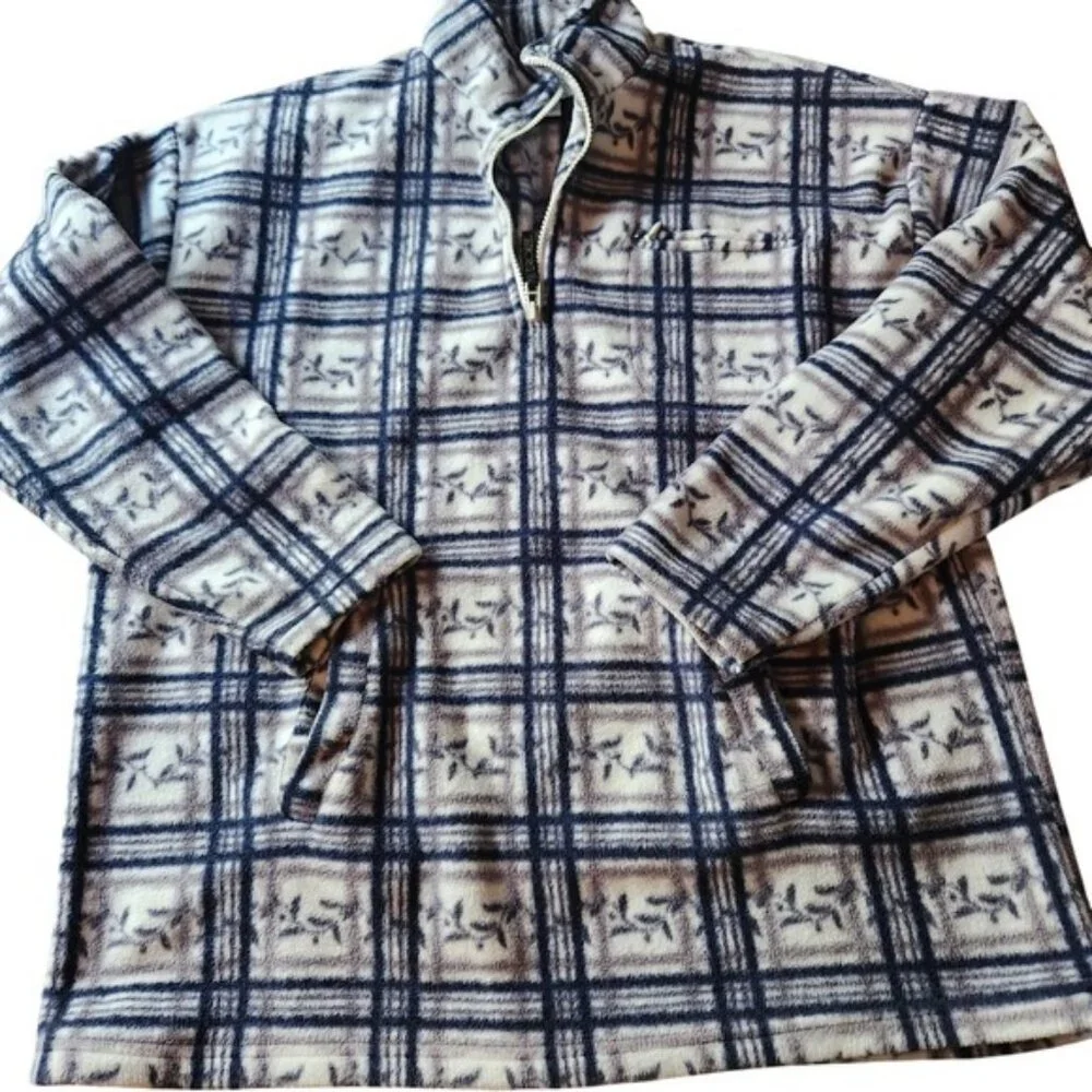 Cherokee Gray Plaid Leaf Print Quarter Zip Fleece Pullover‎ Jacket Large Grandma